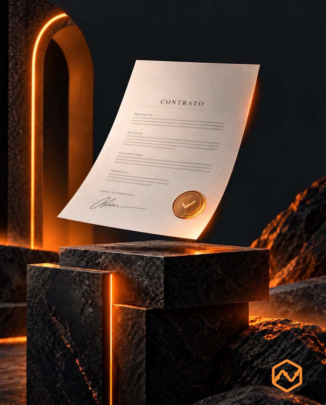 Contrato de Proyecto Firmado con sello dorado de aprobación, flotando sobre un pedestal